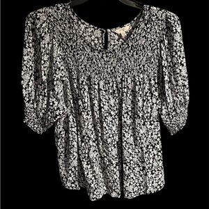 Terra & Sky Black and White Floral Smocked Peasant Blouse